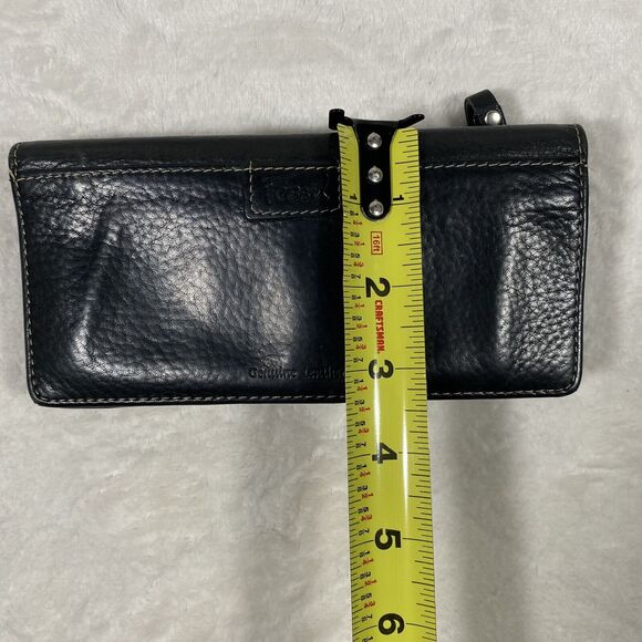 FOSSIL Black Pebbled Leather Wallet Studded Flower Long Bi-fold Boho Pockets - Picture 8 of 9
